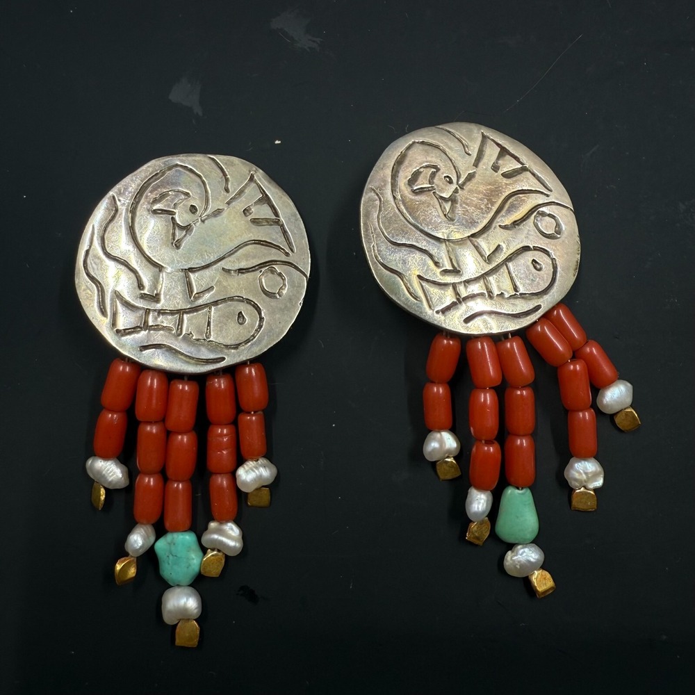 Sterling Silver & 24K Gold Southwest Style Clip-On Earrings – 3" Statement